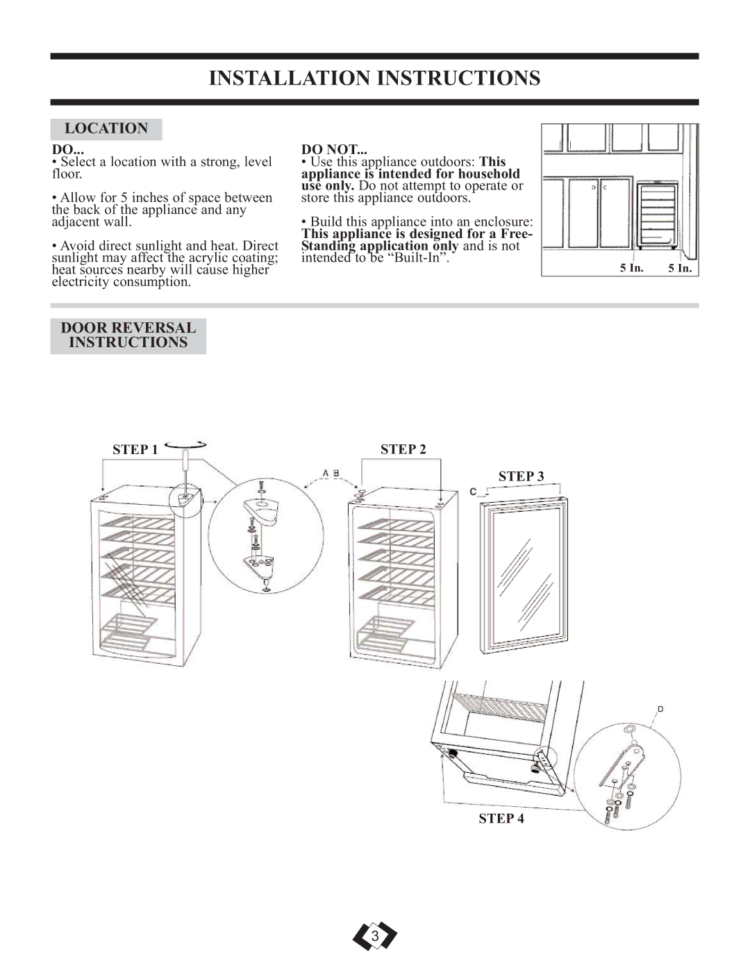 Danby DWC350BLPA installation instructions Location, DOOR REVERSAL Instructions, Do Not 